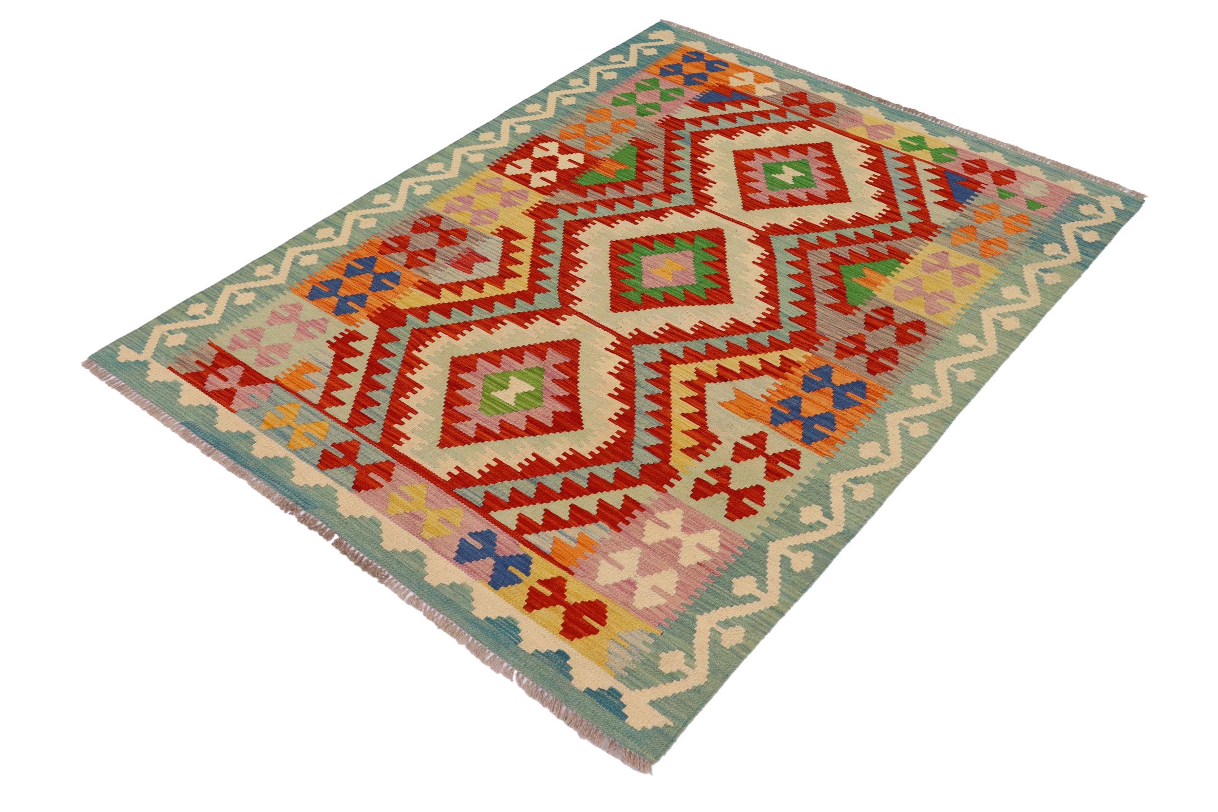 handmade Geometric Kilim Rust Blue Hand-Woven RECTANGLE 100% WOOL area rug 4' x 6'