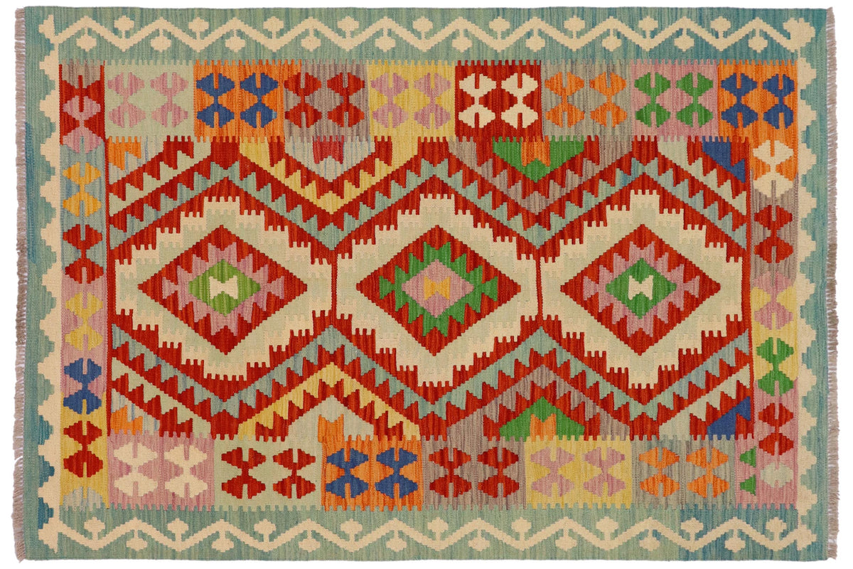 handmade Geometric Kilim Rust Blue Hand-Woven RECTANGLE 100% WOOL area rug 4' x 6'