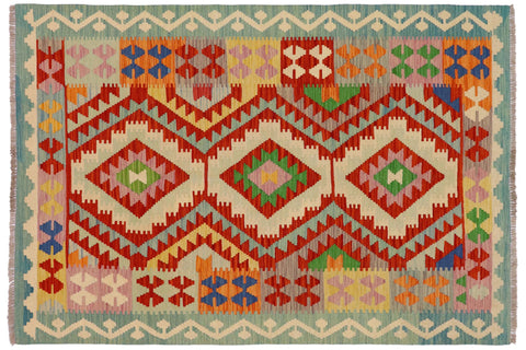 handmade Geometric Kilim Rust Blue Hand-Woven RECTANGLE 100% WOOL area rug 4' x 6'