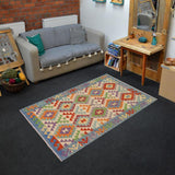 Flat Weave Kilim Antique Navaho Vintage handmade Geometric Kilim Beige Blue Hand-Woven Rectangle 100% Wool Area Rug 3x5 