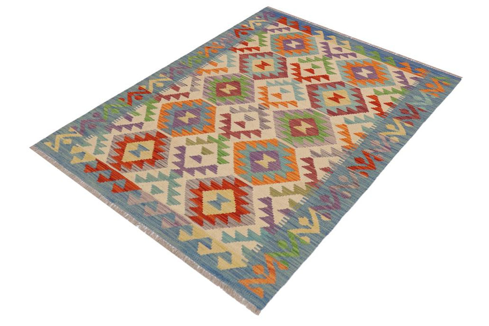 Flat Weave Kilim Antique Navaho Vintage handmade Geometric Kilim Beige Blue Hand-Woven Rectangle 100% Wool Area Rug 3x5 