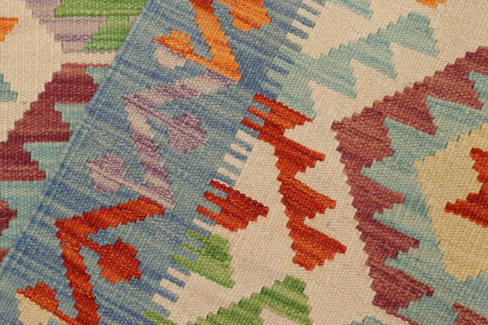Flat Weave Kilim Antique Navaho Vintage handmade Geometric Kilim Beige Blue Hand-Woven Rectangle 100% Wool Area Rug 3x5 