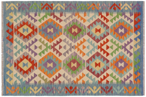 handmade Geometric Kilim Beige Blue Hand-Woven RECTANGLE 100% WOOL area rug 3 x 5
