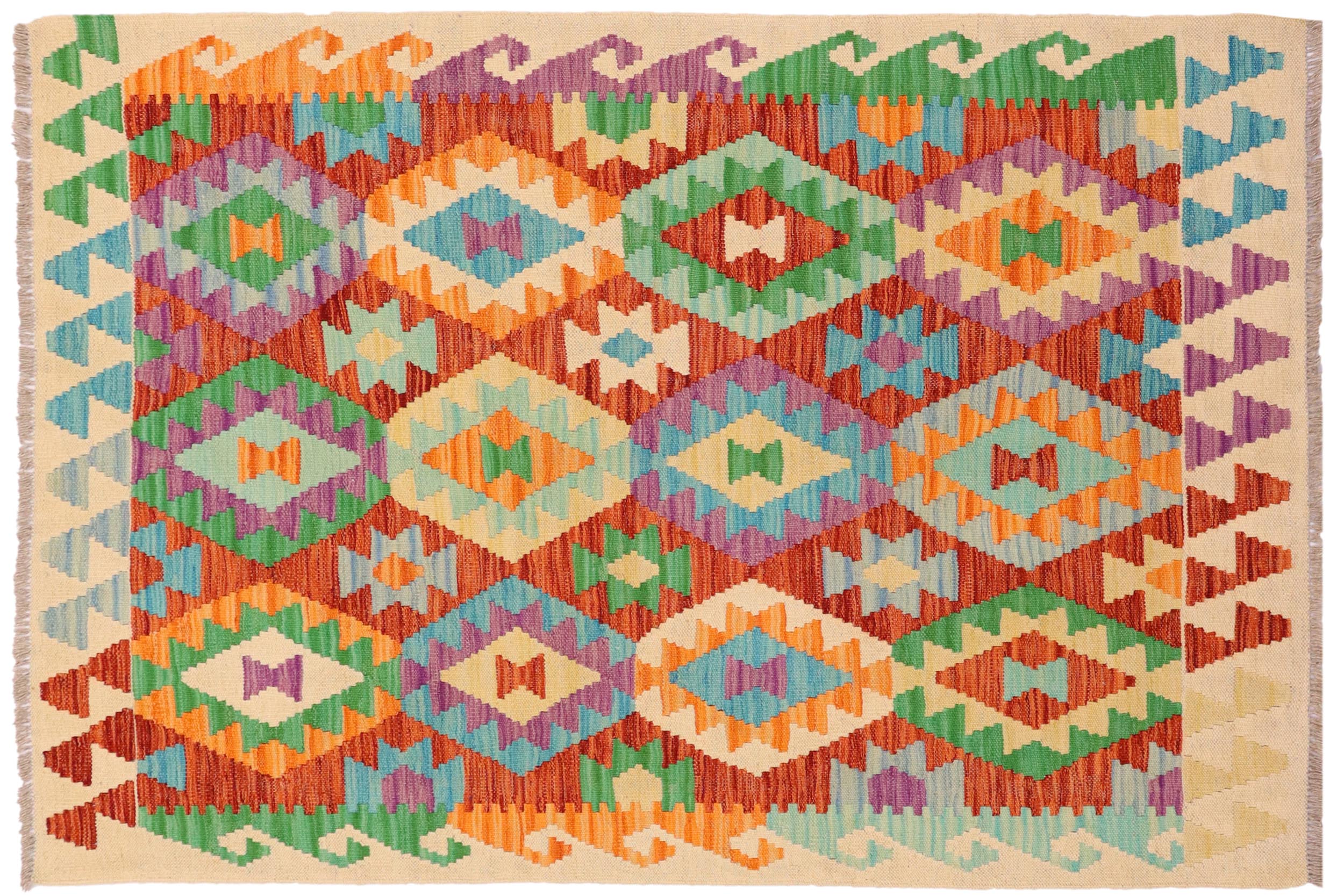 handmade Geometric Kilim Rust Beige Hand-Woven RECTANGLE 100% WOOL area rug 4 x 6