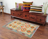 Flat Weave Kilim Antique Navaho Vintage handmade Geometric Kilim Beige Blue Hand-Woven Rectangle 100% Wool Area Rug 3x5 