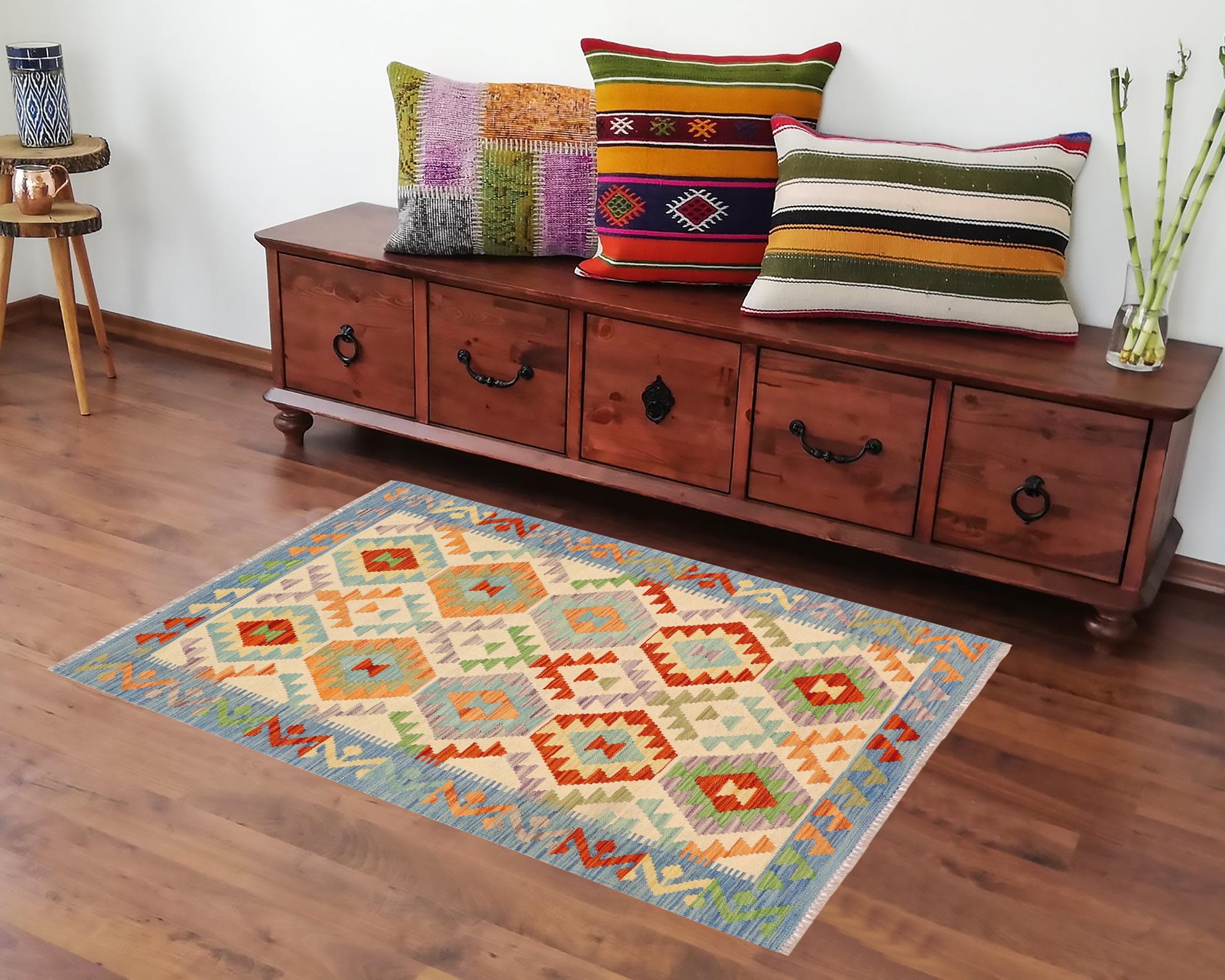 handmade Geometric Kilim Beige Blue Hand-Woven RECTANGLE 100% WOOL area rug 3 x 5