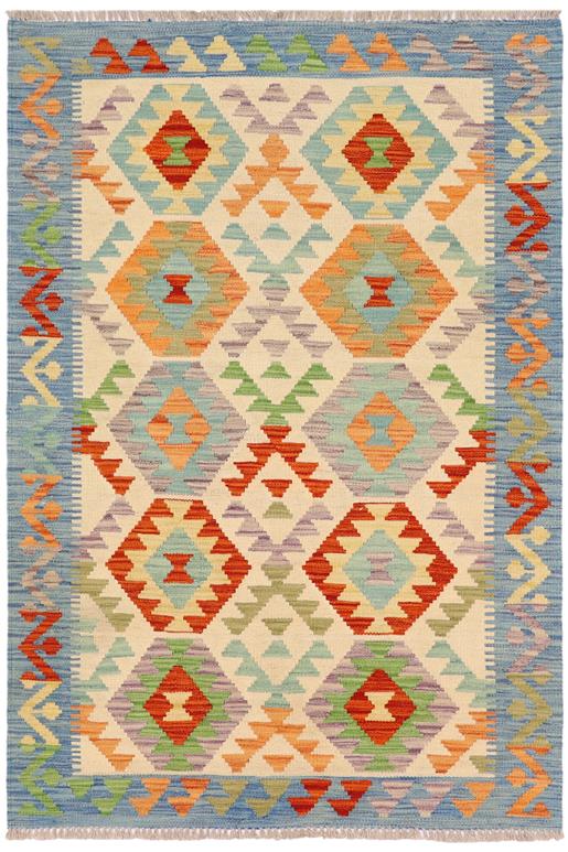 Flat Weave Kilim Antique Navaho Vintage handmade Geometric Kilim Beige Blue Hand-Woven Rectangle 100% Wool Area Rug 3x5 