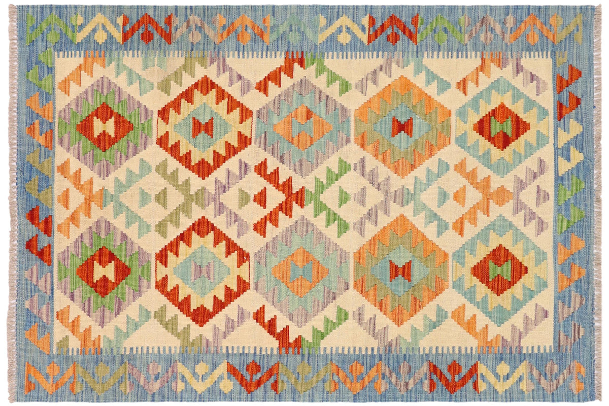 handmade Geometric Kilim Beige Blue Hand-Woven RECTANGLE 100% WOOL area rug 3 x 5