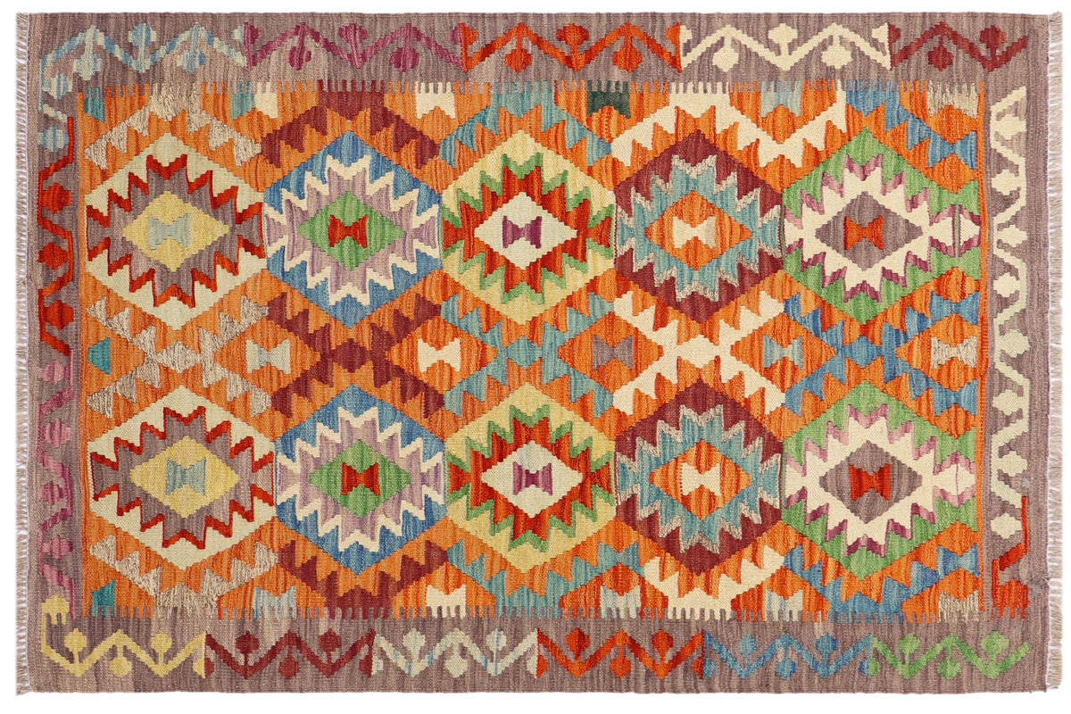 handmade Geometric Kilim Rust Purple Hand-Woven RECTANGLE 100% WOOL area rug 4 x 5