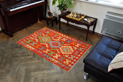 handmade Geometric Kilim Rust Blue Hand-Woven RECTANGLE 100% WOOL area rug 3' x 4'