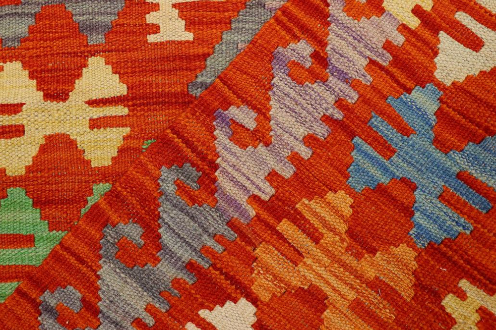 Flat Weave Kilim Antique Navaho Vintage handmade Geometric Kilim Rust Blue Hand-Woven Rectangle 100% Wool Area Rug 3x4 