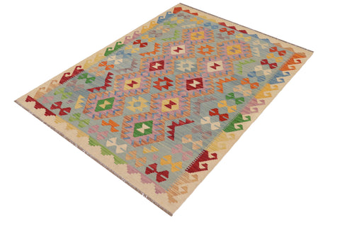 handmade Geometric Kilim Blue Beige Hand-Woven RECTANGLE 100% WOOL area rug 4 x 6