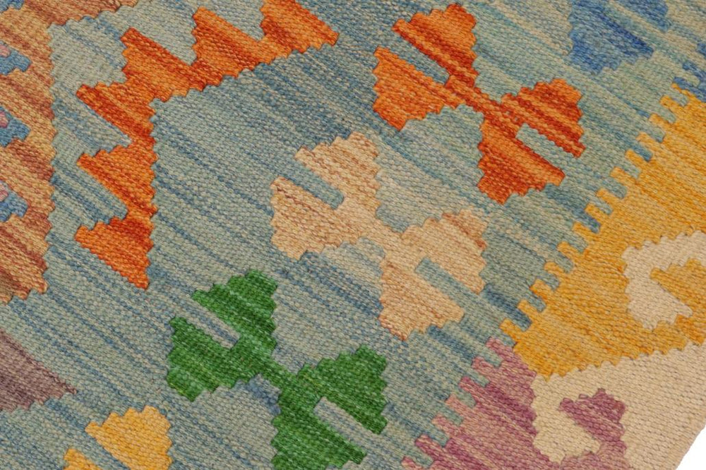 Flat Weave Kilim Antique Navaho Vintage handmade Geometric Kilim Blue Beige Hand-Woven Rectangle 100% Wool Area Rug 4x6 