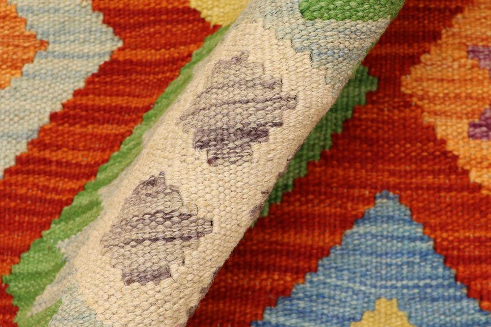 Flat Weave Kilim Antique Navaho Vintage handmade Geometric Kilim Rust Blue Hand-Woven Rectangle 100% Wool Area Rug 3x5 