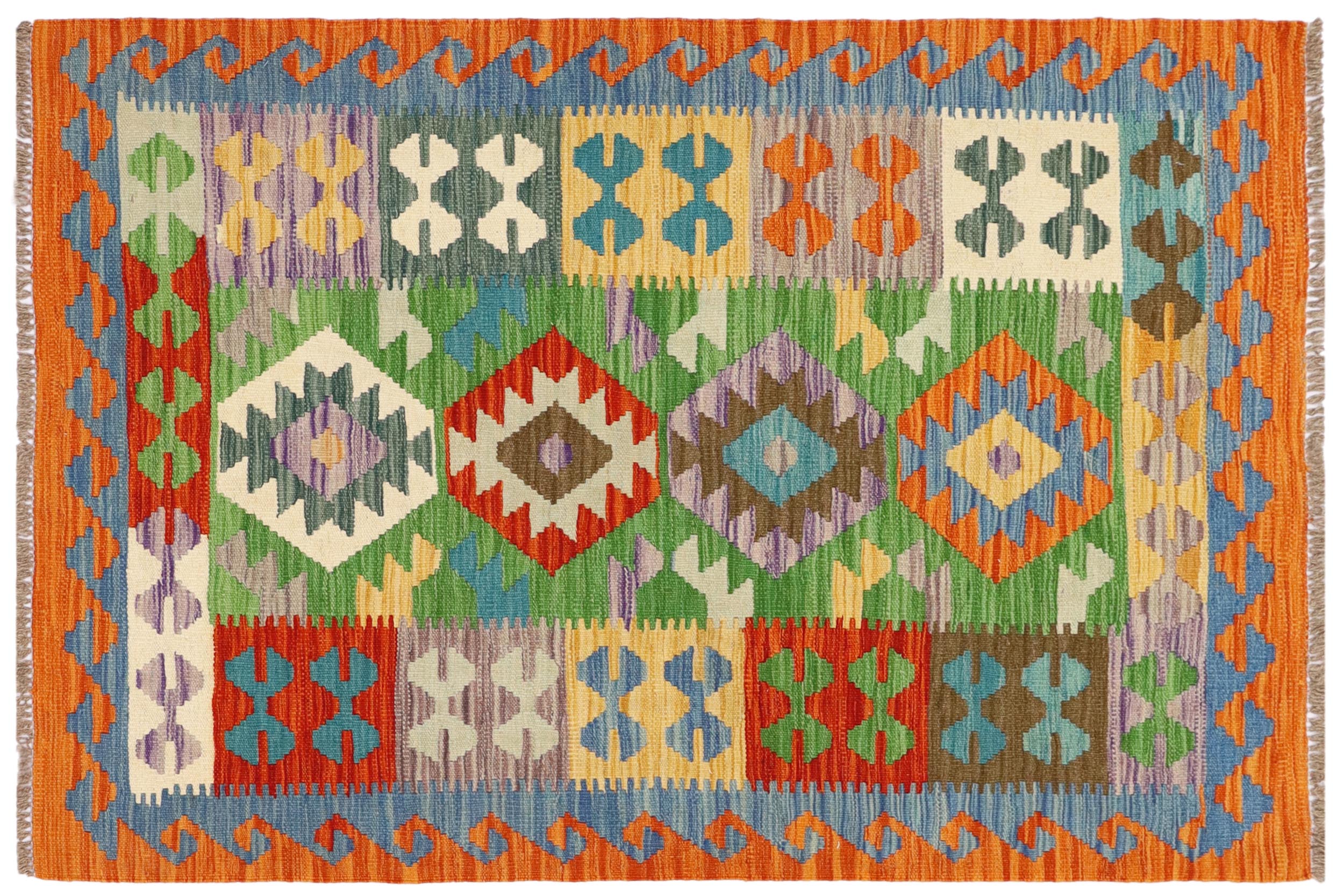 handmade Geometric Kilim Green Rust Hand-Woven RECTANGLE 100% WOOL area rug 3' x 5'