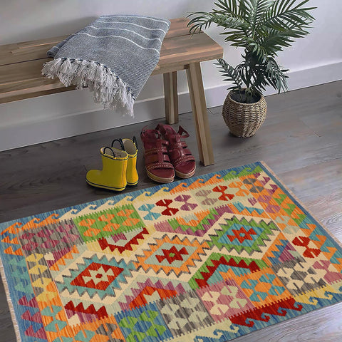 handmade Geometric Kilim Blue Rust Hand-Woven RECTANGLE 100% WOOL area rug 3' x 5'