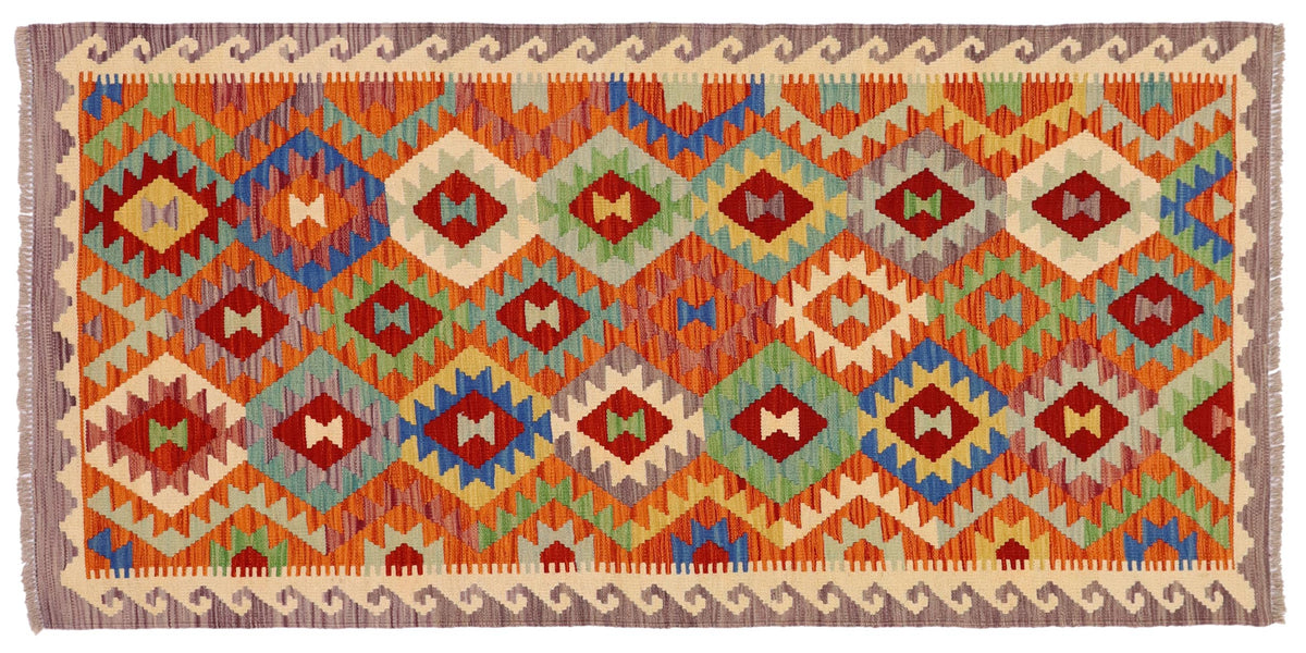 handmade Geometric Kilim Rust Beige Hand-Woven RUNNER 100% WOOL area rug 3 x 7