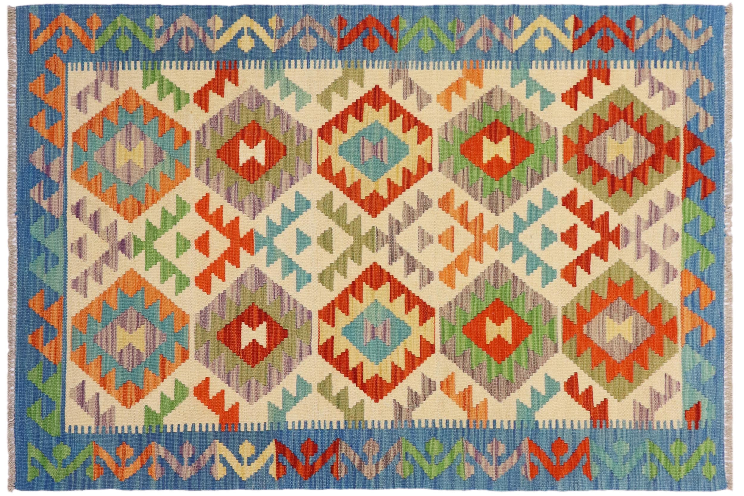 handmade Geometric Kilim Beige Blue Hand-Woven RECTANGLE 100% WOOL area rug 3 x 5