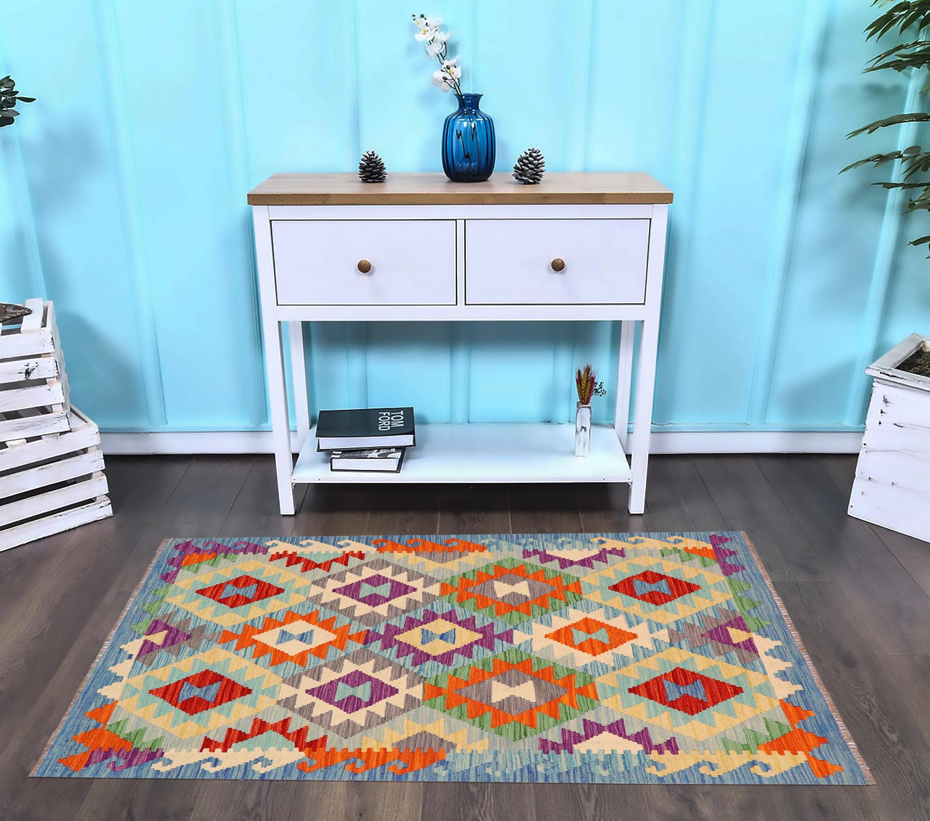 handmade Geometric Kilim Blue Rust Hand-Woven RECTANGLE 100% WOOL area rug 3 x 5