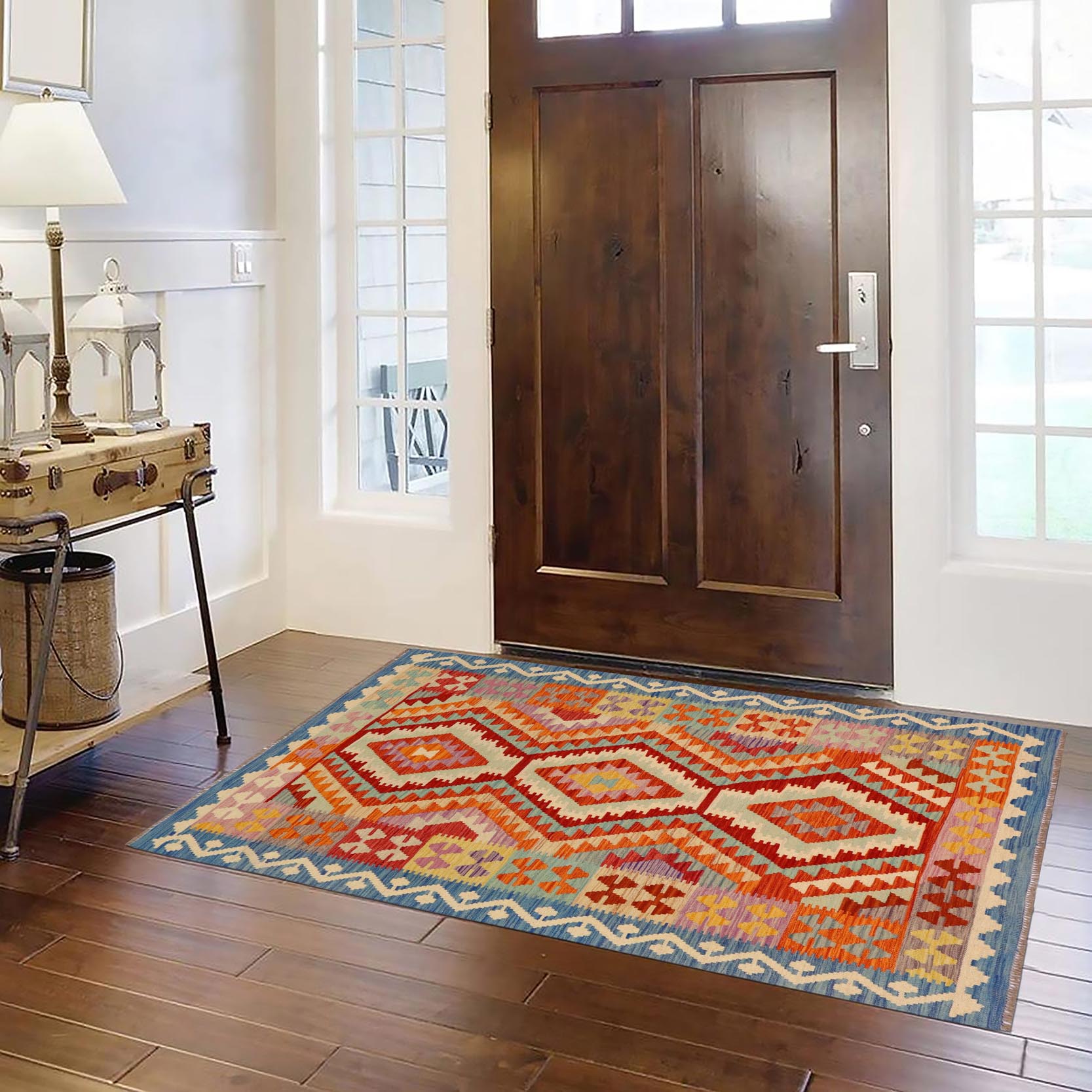 handmade Geometric Kilim Rust Blue Hand-Woven RECTANGLE 100% WOOL area rug 4' x 6'