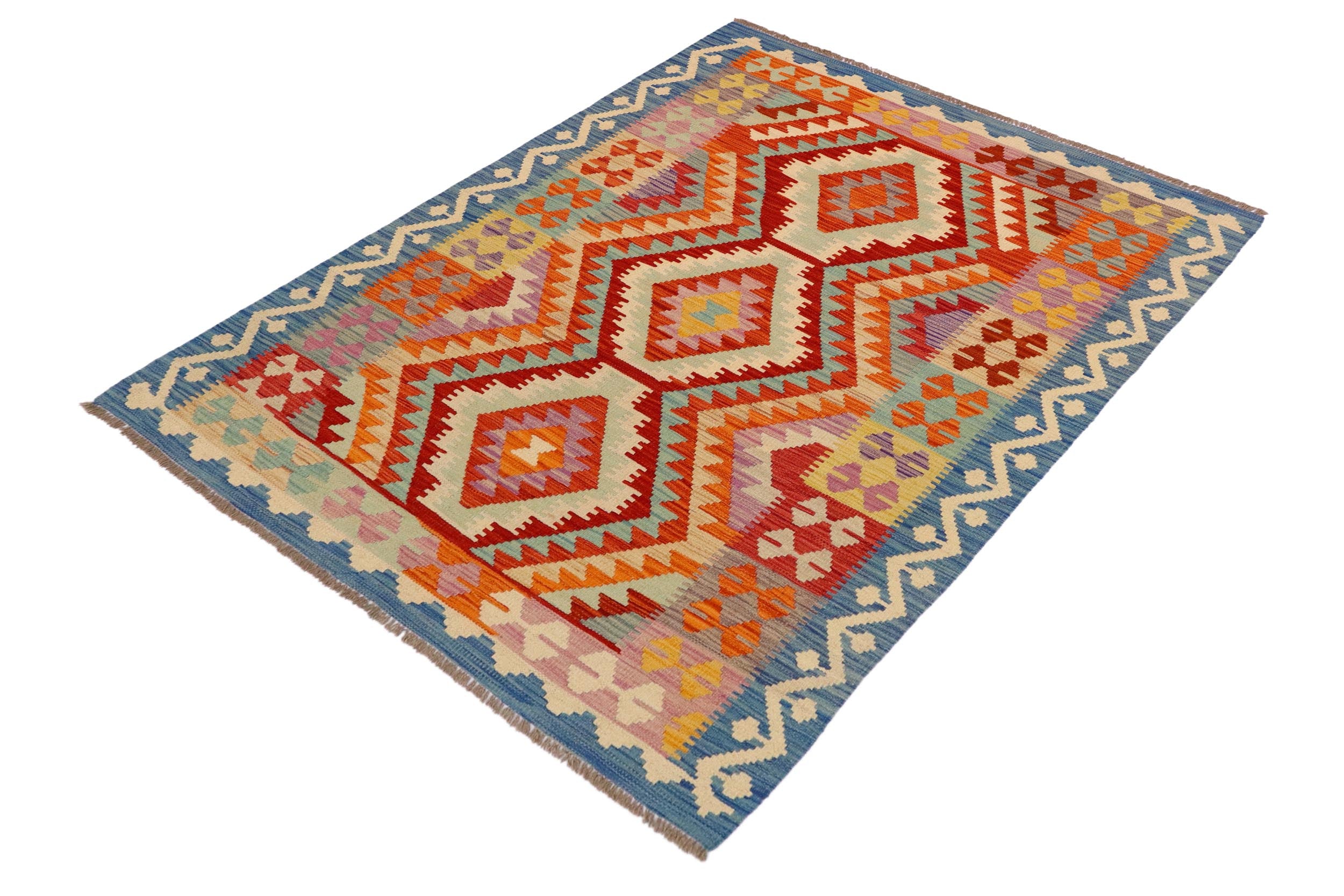 handmade Geometric Kilim Rust Blue Hand-Woven RECTANGLE 100% WOOL area rug 4' x 6'