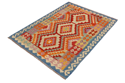 handmade Geometric Kilim Rust Blue Hand-Woven RECTANGLE 100% WOOL area rug 4' x 6'