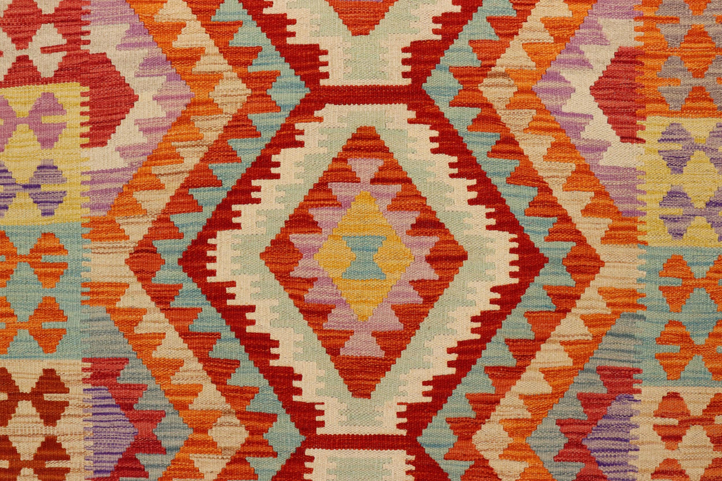 handmade Geometric Kilim Rust Blue Hand-Woven RECTANGLE 100% WOOL area rug 4' x 6'