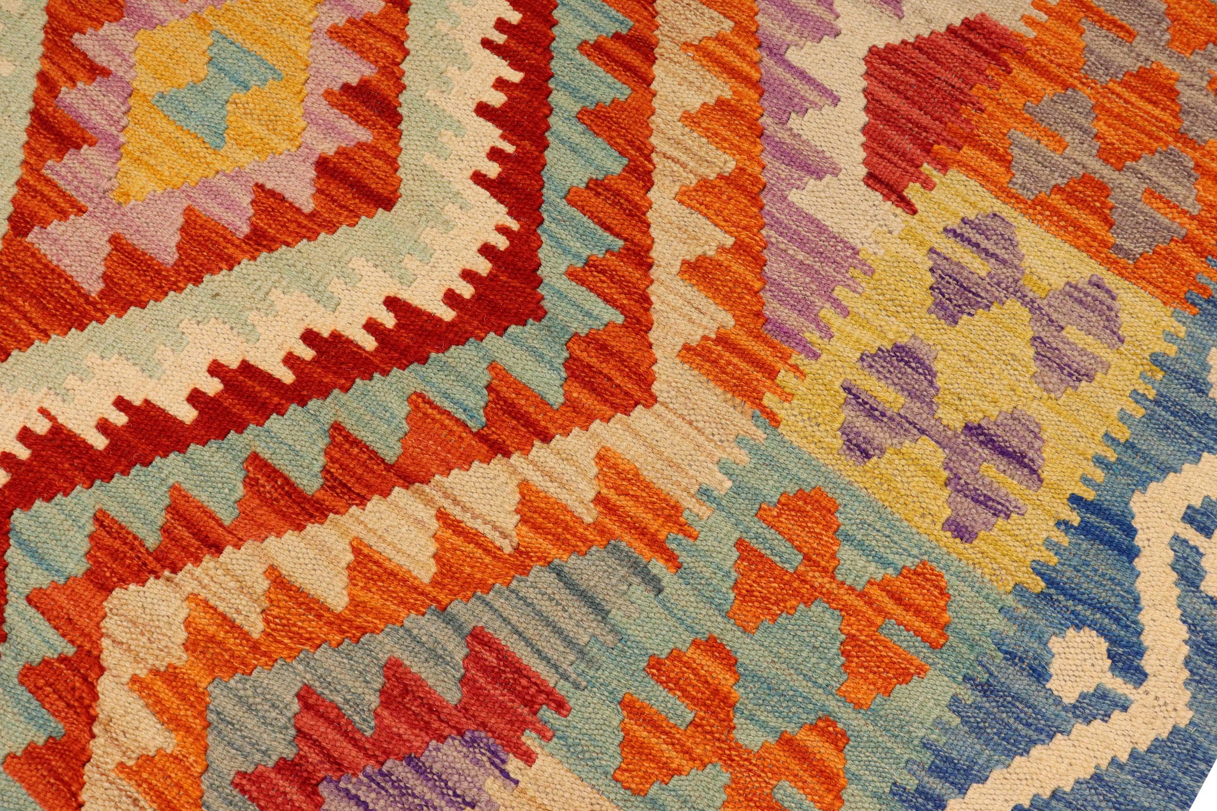handmade Geometric Kilim Rust Blue Hand-Woven RECTANGLE 100% WOOL area rug 4' x 6'