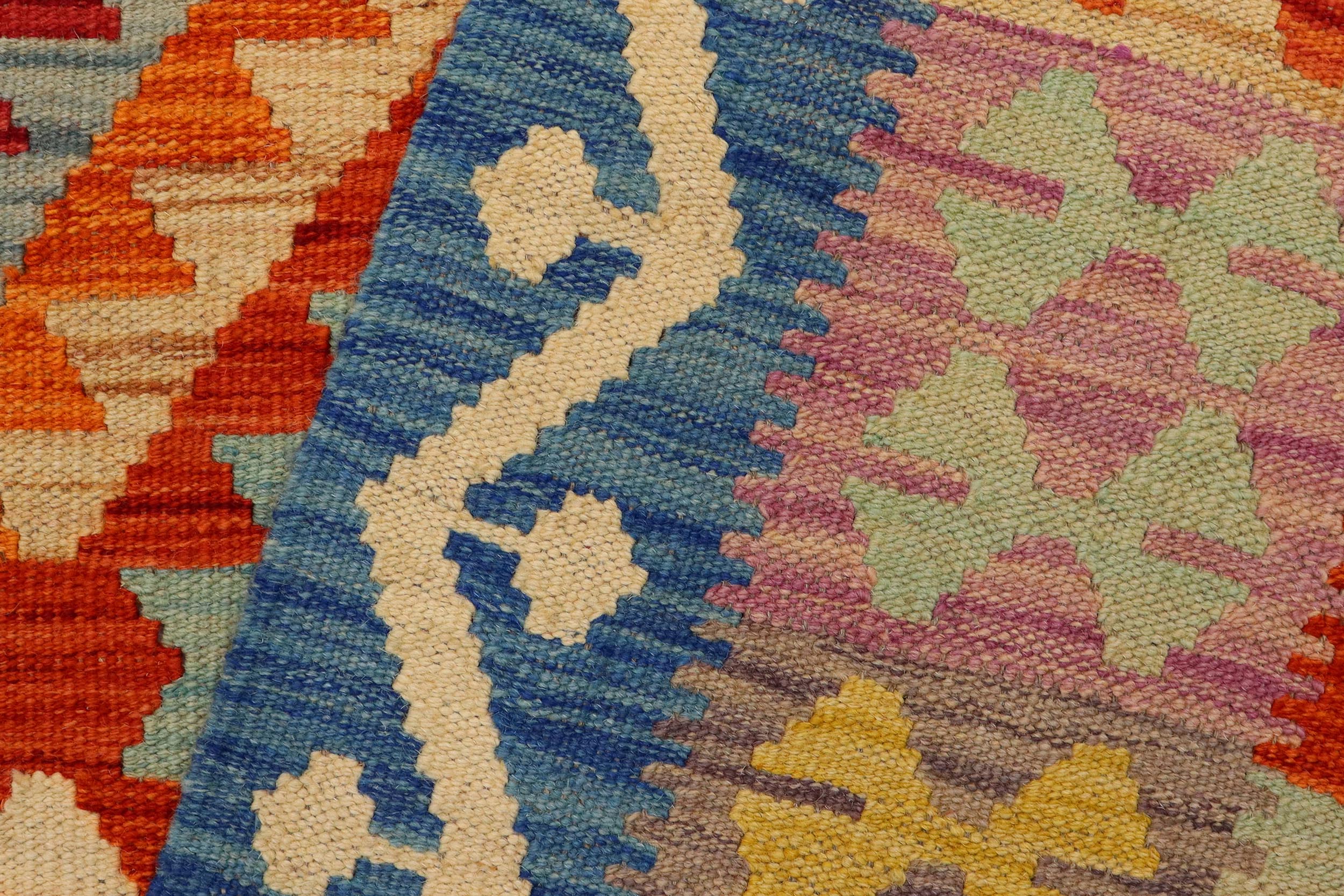 handmade Geometric Kilim Rust Blue Hand-Woven RECTANGLE 100% WOOL area rug 4' x 6'