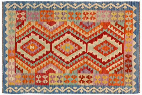 handmade Geometric Kilim Rust Blue Hand-Woven RECTANGLE 100% WOOL area rug 4' x 6'