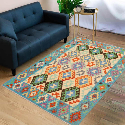 handmade Geometric Kilim Beige Blue Hand-Woven RECTANGLE 100% WOOL area rug 5 x 7