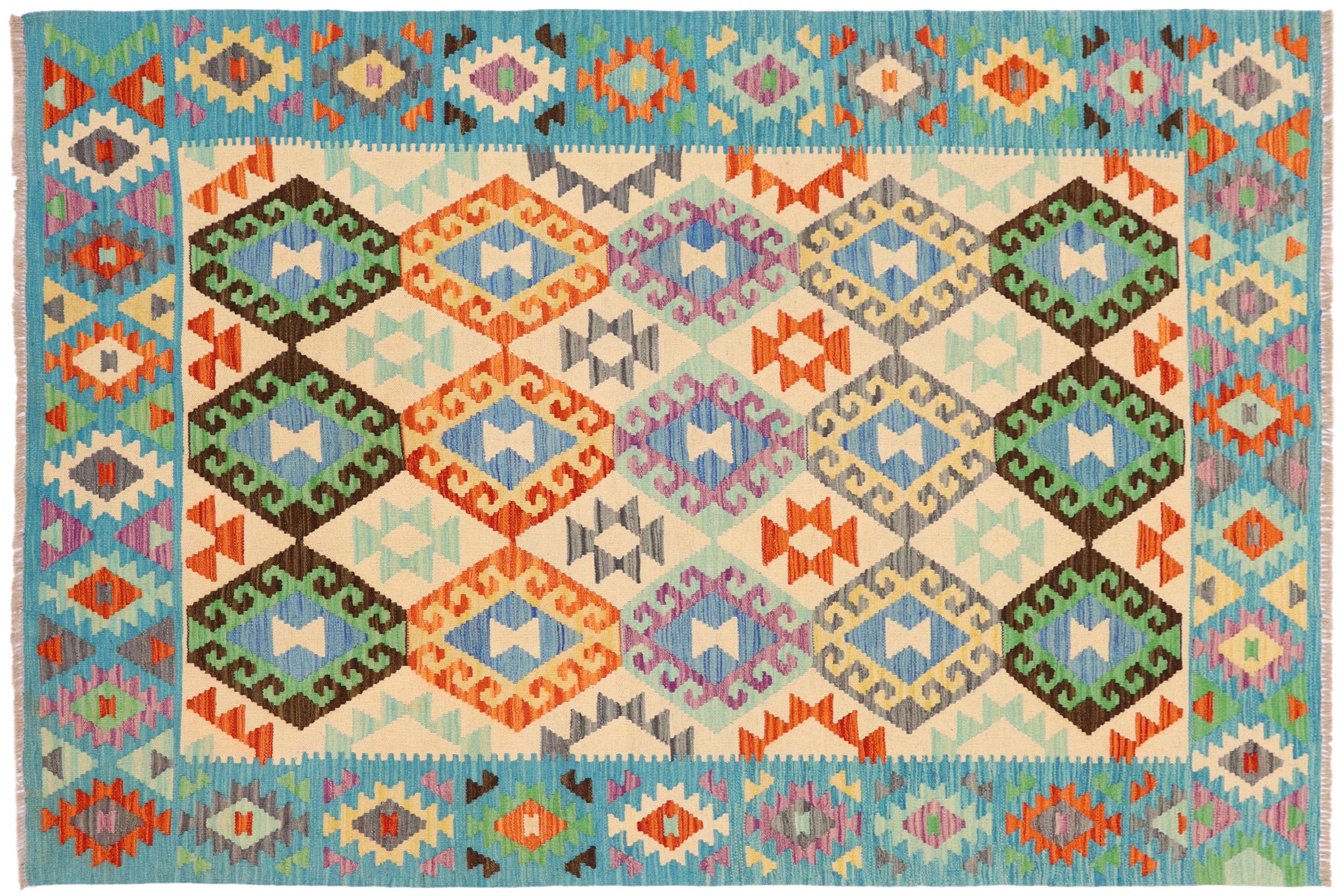 handmade Geometric Kilim Beige Blue Hand-Woven RECTANGLE 100% WOOL area rug 5 x 7