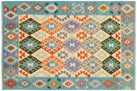 handmade Geometric Kilim Beige Blue Hand-Woven RECTANGLE 100% WOOL area rug 5 x 7