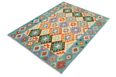 handmade Geometric Kilim Beige Blue Hand-Woven RECTANGLE 100% WOOL area rug 5 x 7
