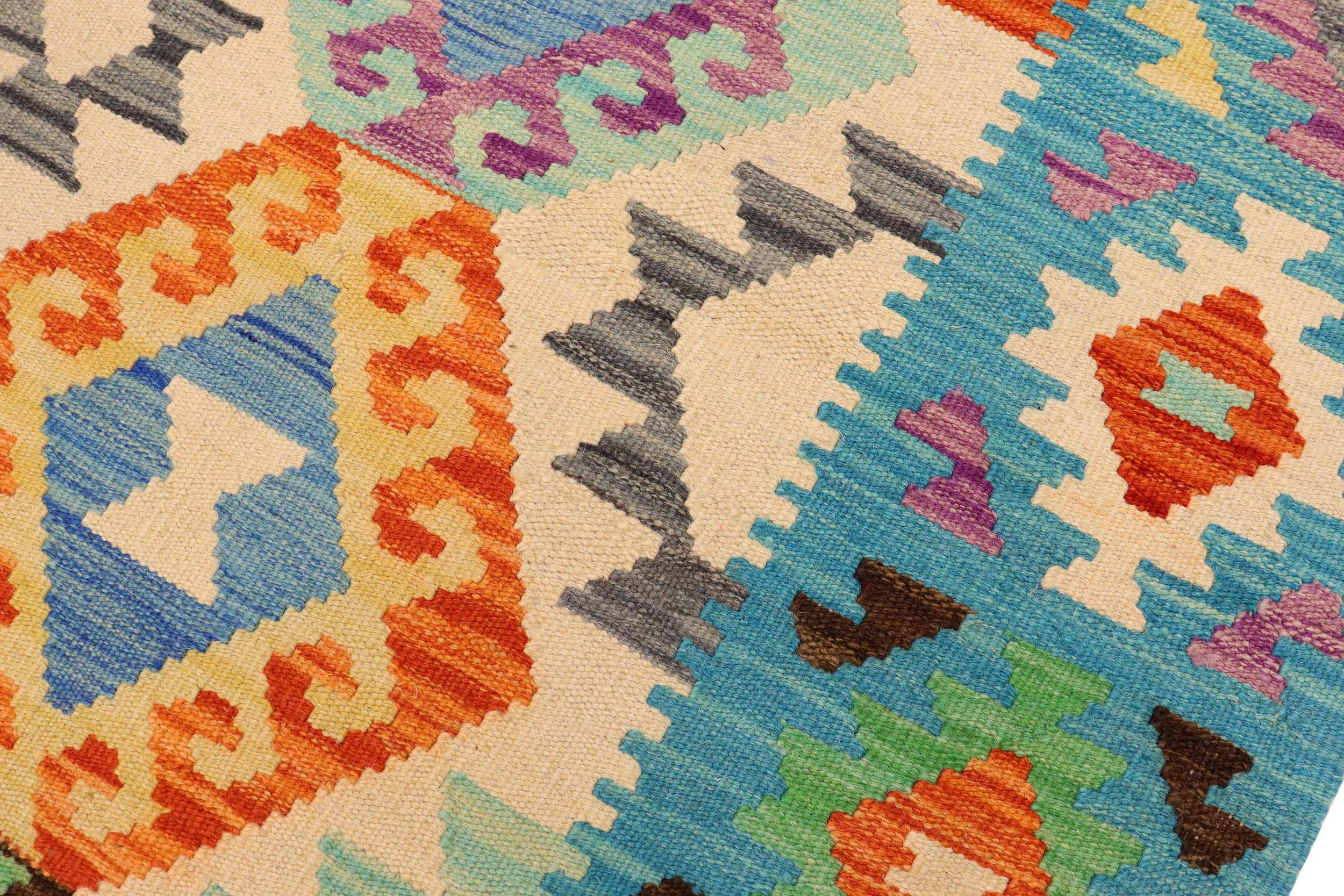handmade Geometric Kilim Beige Blue Hand-Woven RECTANGLE 100% WOOL area rug 5 x 7
