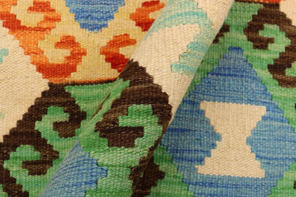 Flat Weave Kilim Antique Navaho Vintage handmade Geometric Kilim Beige Blue Hand-Woven Rectangle 100% Wool Area Rug 5x7 