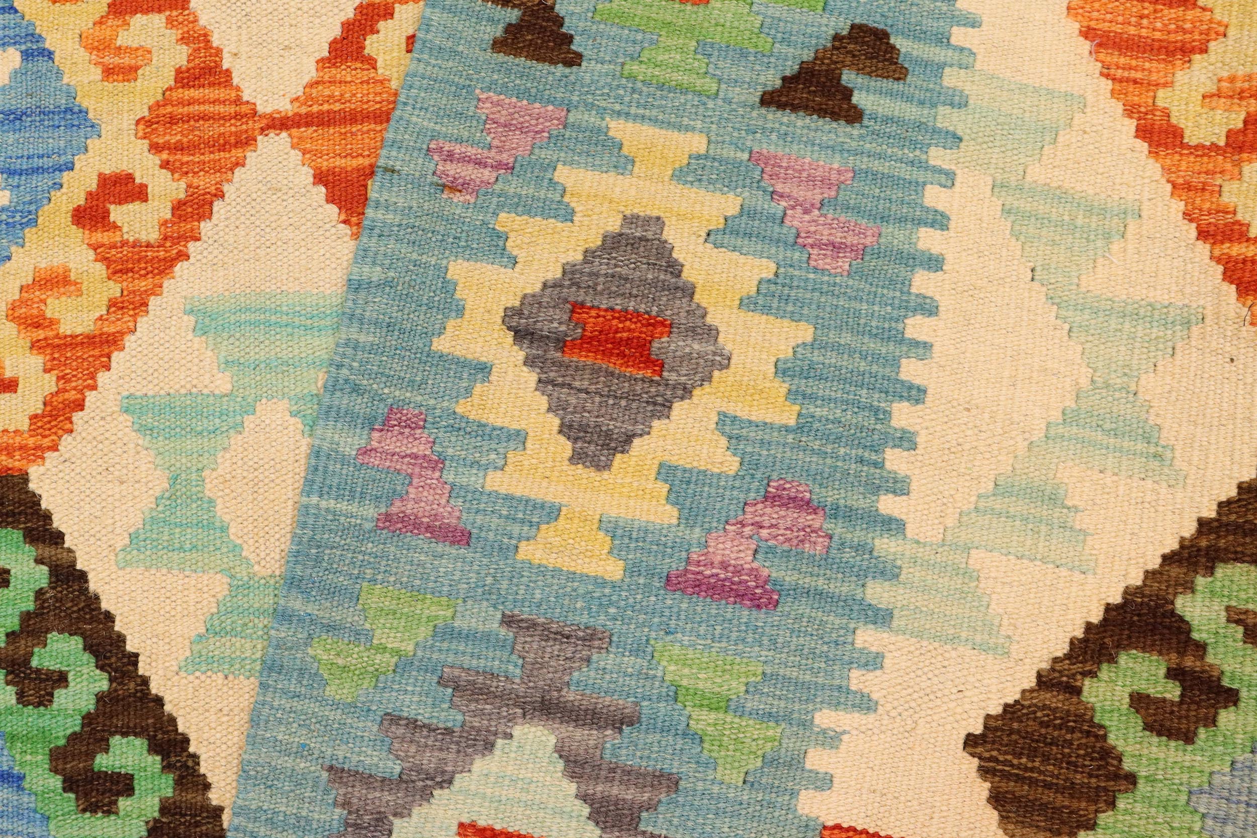 handmade Geometric Kilim Beige Blue Hand-Woven RECTANGLE 100% WOOL area rug 5 x 7