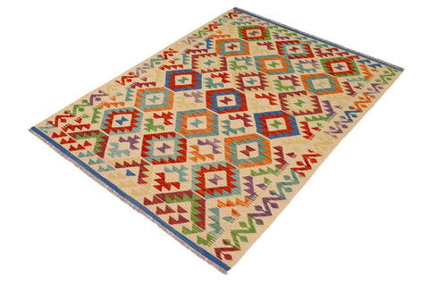 handmade Geometric Kilim Beige Rust Hand-Woven RECTANGLE 100% WOOL area rug 4 x 6