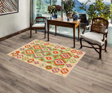 Flat Weave Kilim Antique Navaho Vintage handmade Geometric Kilim Green Beige Hand-Woven Rectangle 100% Wool Area Rug 3x5 