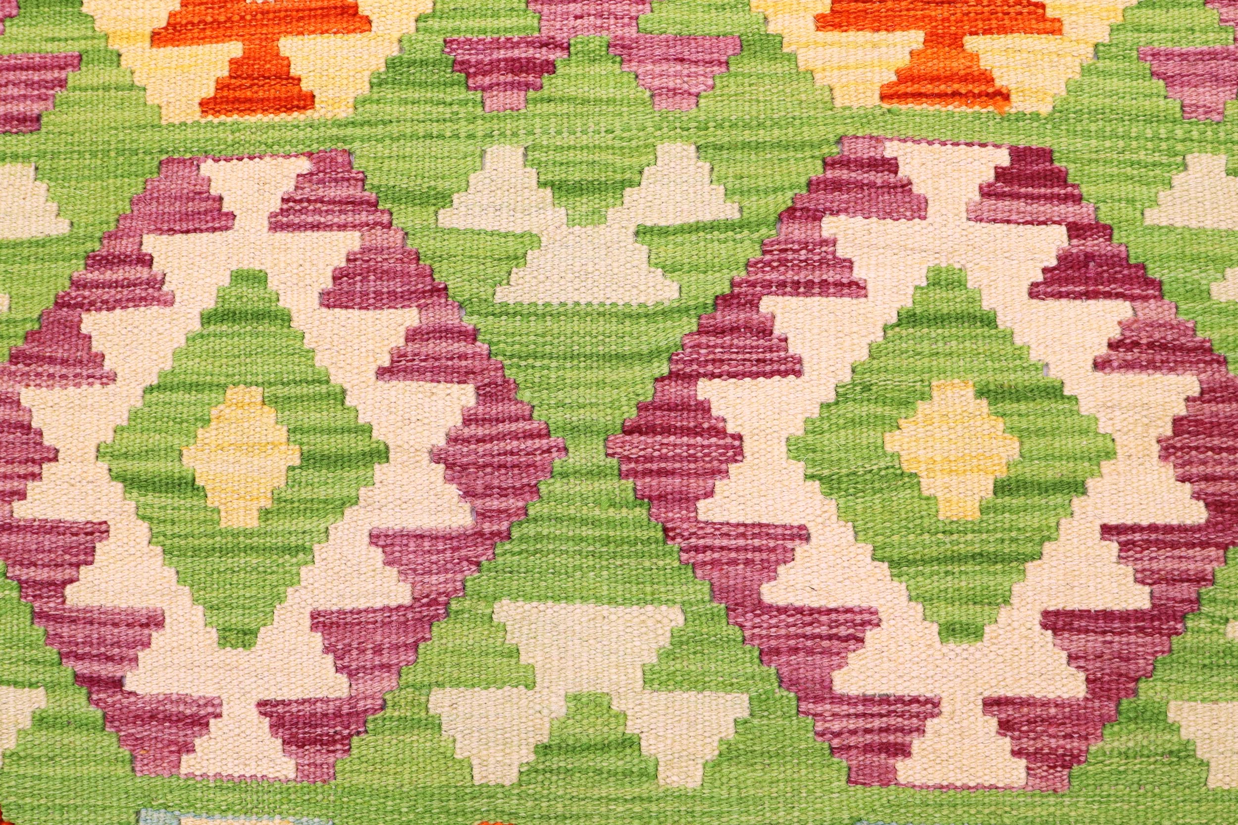 handmade Geometric Kilim Green Beige Hand-Woven RECTANGLE 100% WOOL area rug 3 x 5
