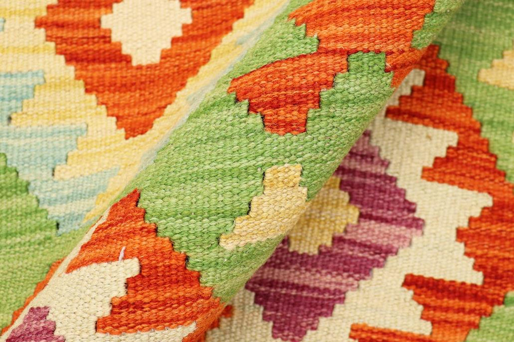 Flat Weave Kilim Antique Navaho Vintage handmade Geometric Kilim Green Beige Hand-Woven Rectangle 100% Wool Area Rug 3x5 