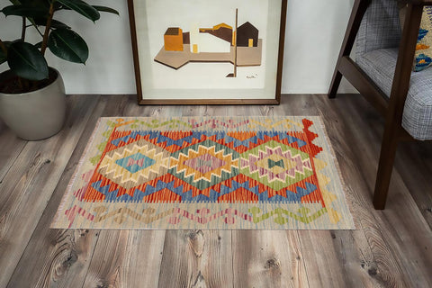 handmade Geometric Kilim Rust Blue Hand-Woven RECTANGLE 100% WOOL area rug 2' x 3'