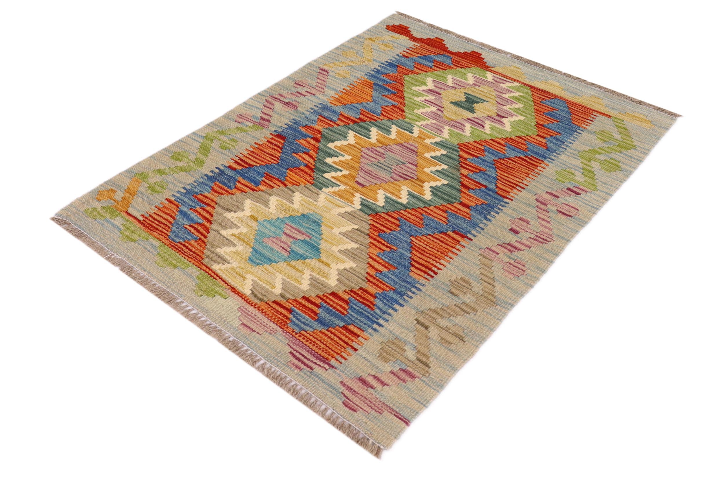handmade Geometric Kilim Rust Blue Hand-Woven RECTANGLE 100% WOOL area rug 2' x 3'