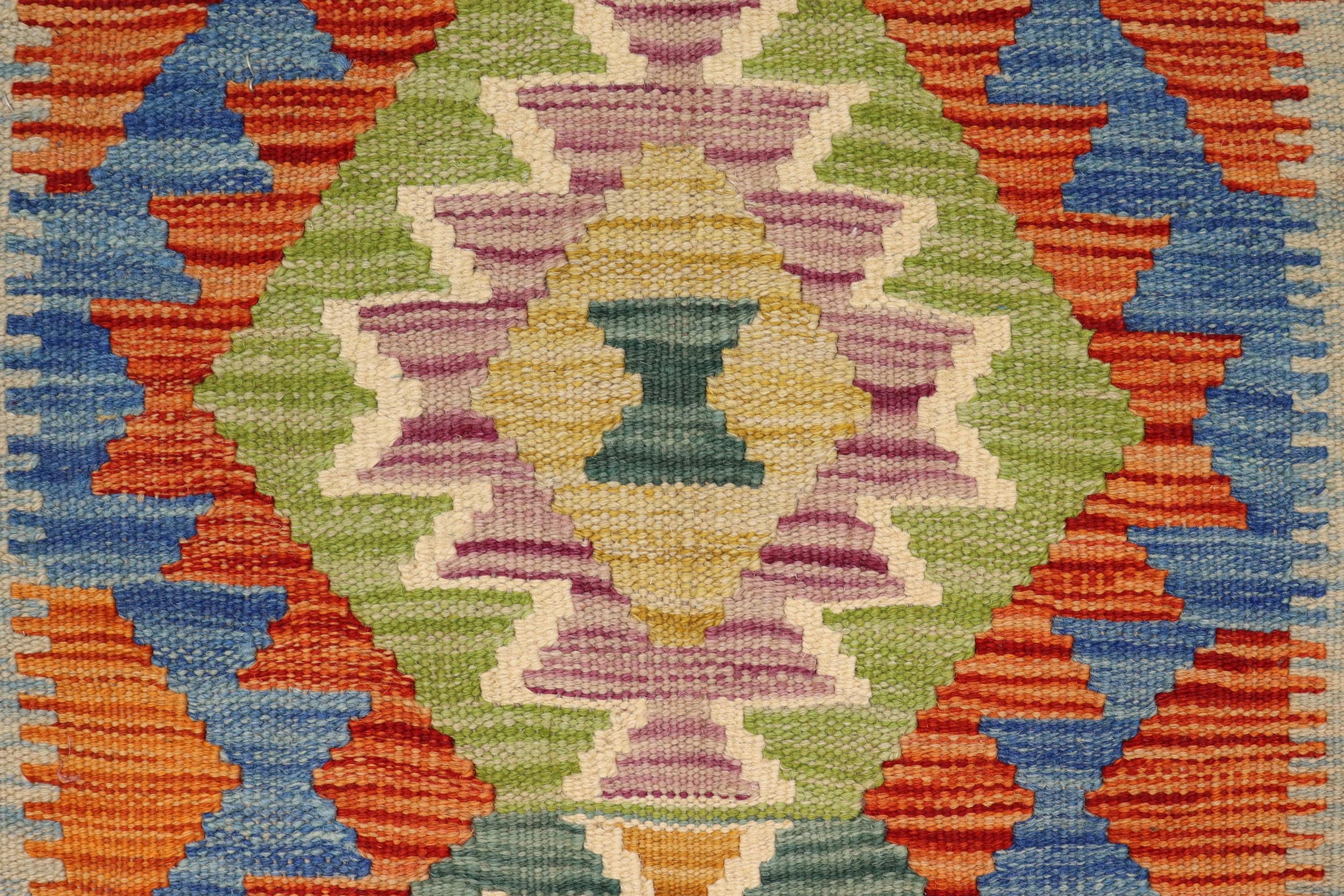 handmade Geometric Kilim Rust Blue Hand-Woven RECTANGLE 100% WOOL area rug 2' x 3'