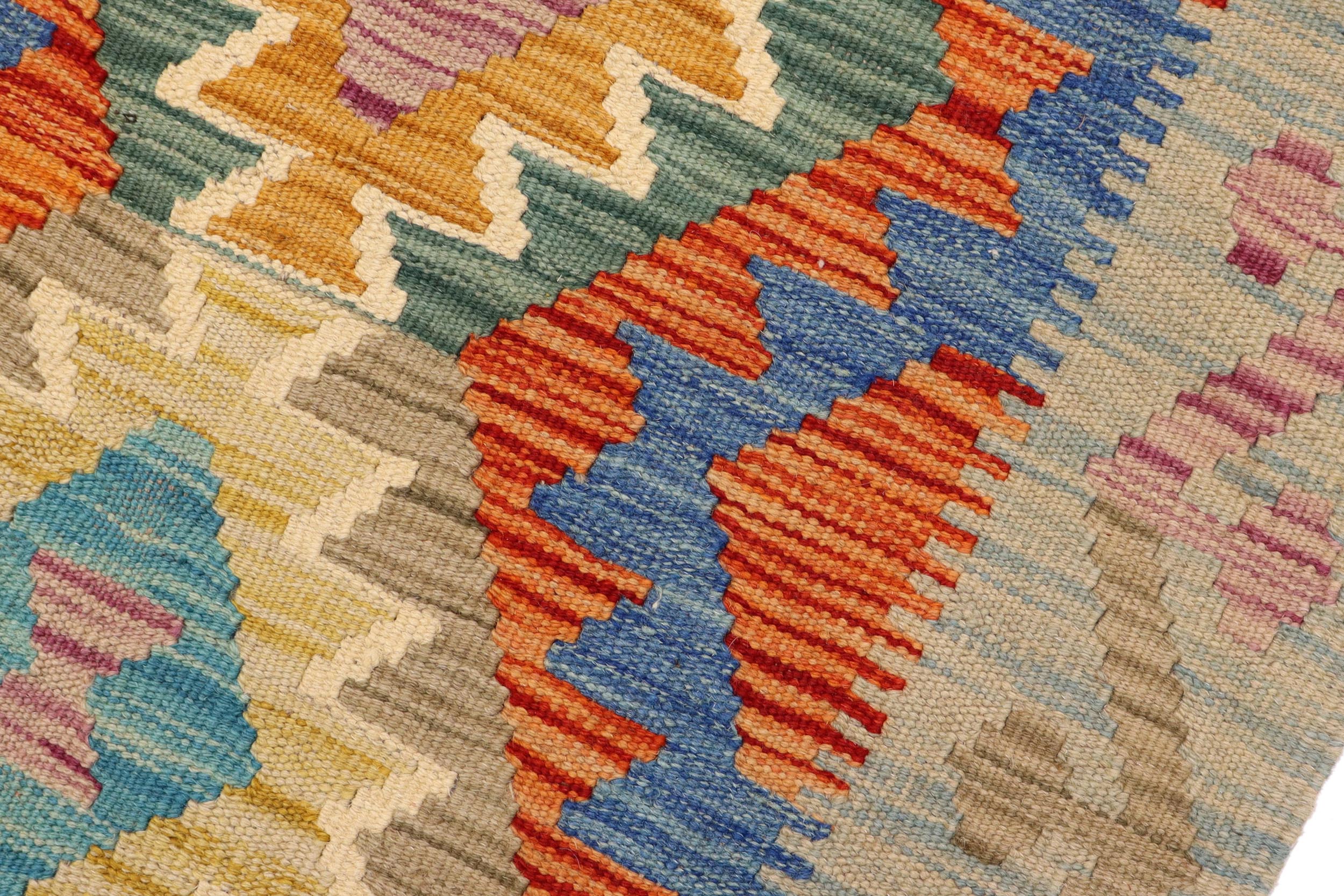 handmade Geometric Kilim Rust Blue Hand-Woven RECTANGLE 100% WOOL area rug 2' x 3'