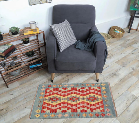 handmade Geometric Kilim Red Blue Hand-Woven RECTANGLE 100% WOOL area rug 2' x 2'