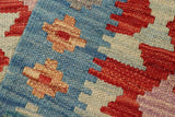 Flat Weave Kilim Antique Navaho Vintage handmade Geometric Kilim Red Blue Hand-Woven Rectangle 100% Wool Area Rug 2x2 