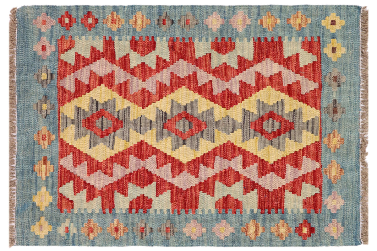 handmade Geometric Kilim Red Blue Hand-Woven RECTANGLE 100% WOOL area rug 2' x 2'