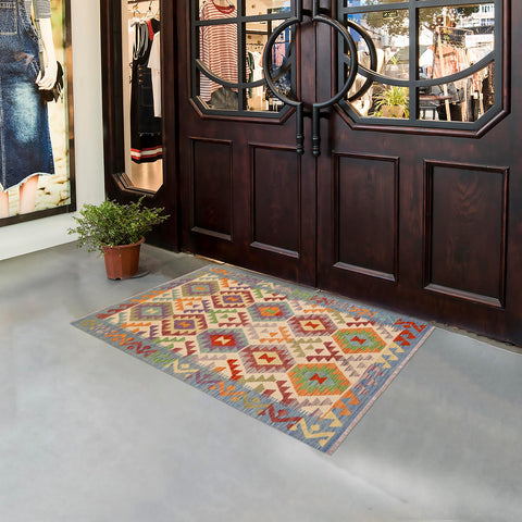 handmade Geometric Kilim Beige Blue Hand-Woven RECTANGLE 100% WOOL area rug 3 x 5