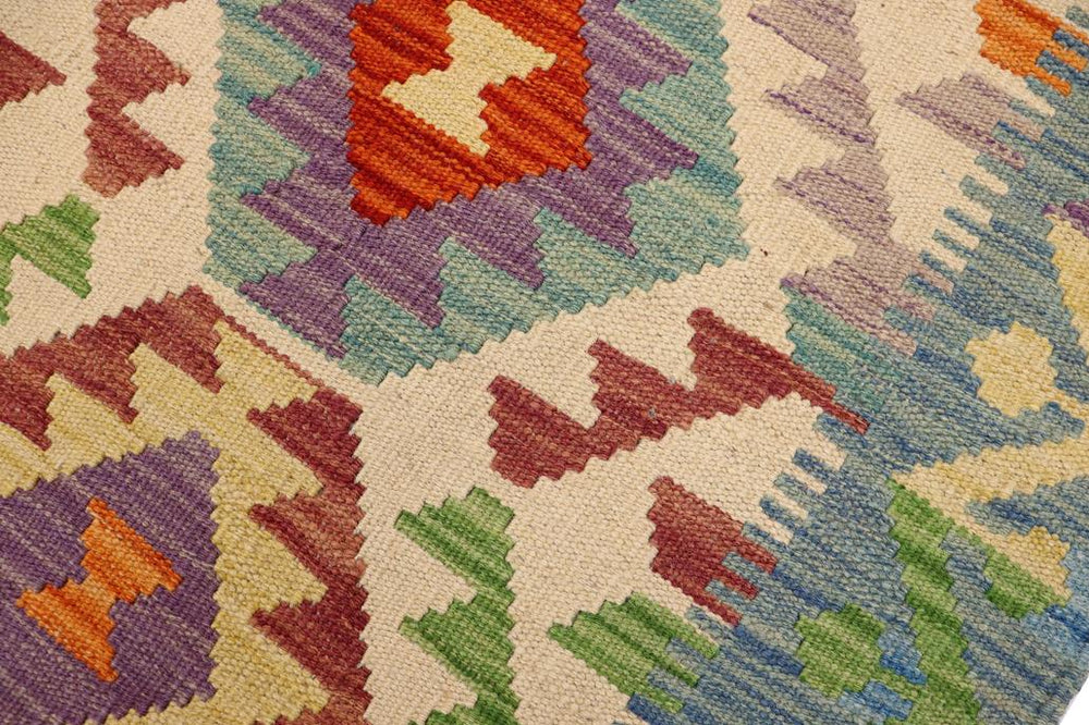 Flat Weave Kilim Antique Navaho Vintage handmade Geometric Kilim Beige Blue Hand-Woven Rectangle 100% Wool Area Rug 3x5 